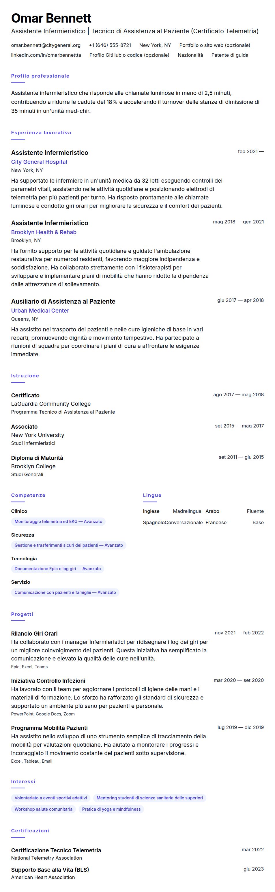 Anteprima del curriculum Esempio di Curriculum per Assistente Infermieristico