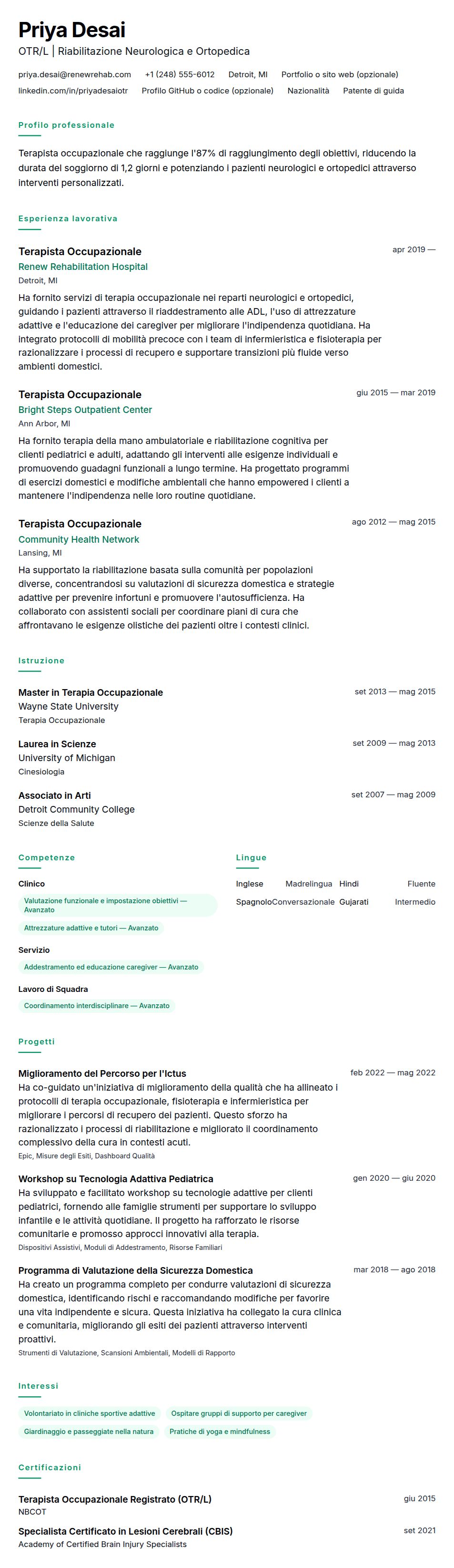 Anteprima del curriculum Esempio di Curriculum Vitae per Terapista Occupazionale