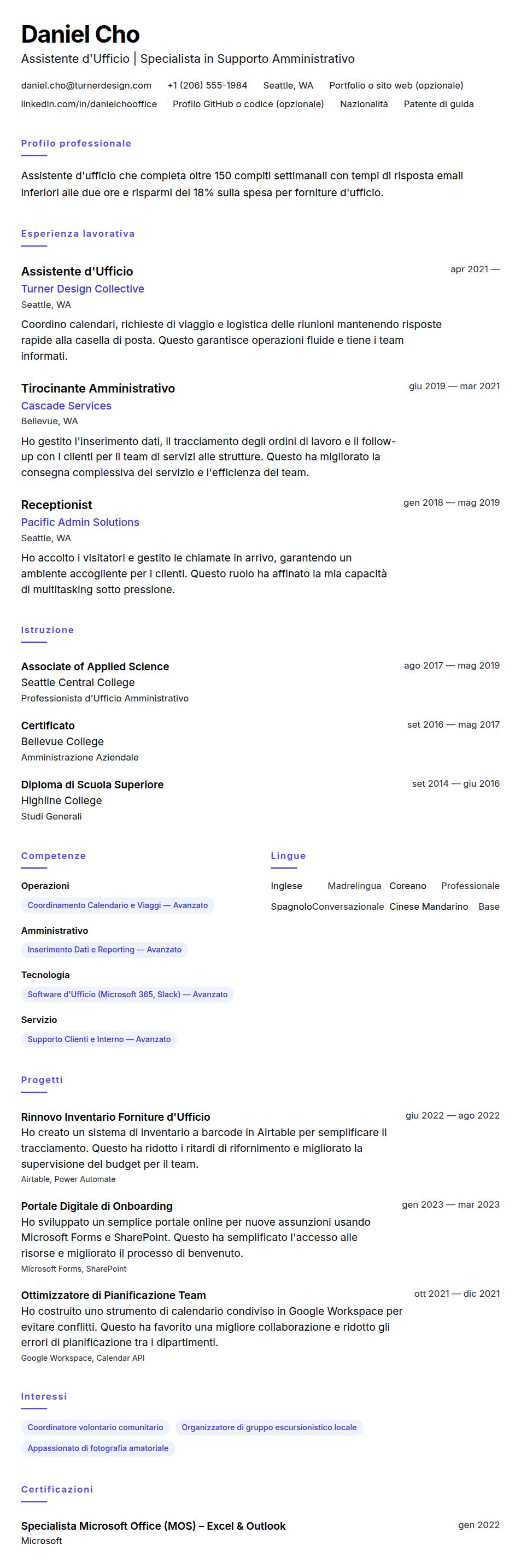 Esempio di Curriculum per Assistente d'Ufficio