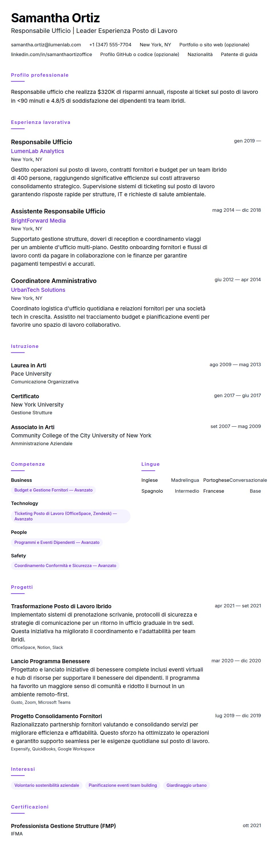 Esempio di Curriculum Responsabile Ufficio