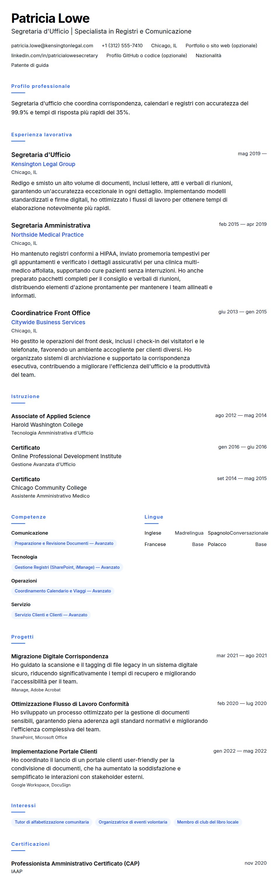 Anteprima del curriculum Esempio di Curriculum per Segretaria d'Ufficio