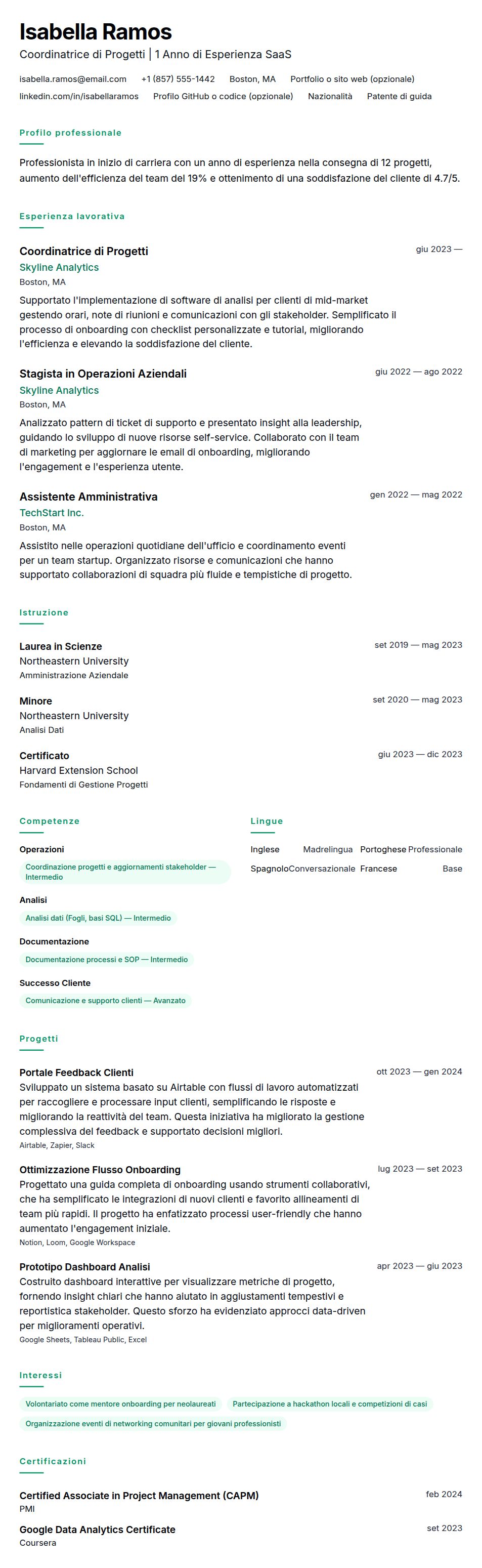 Anteprima del curriculum Esempio di Curriculum con Un Anno di Esperienza