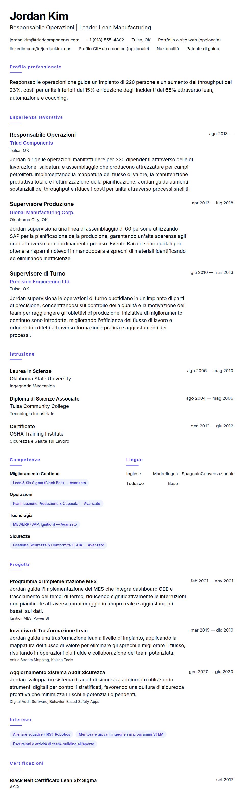 Anteprima del curriculum Esempio di Curriculum Responsabile Operazioni