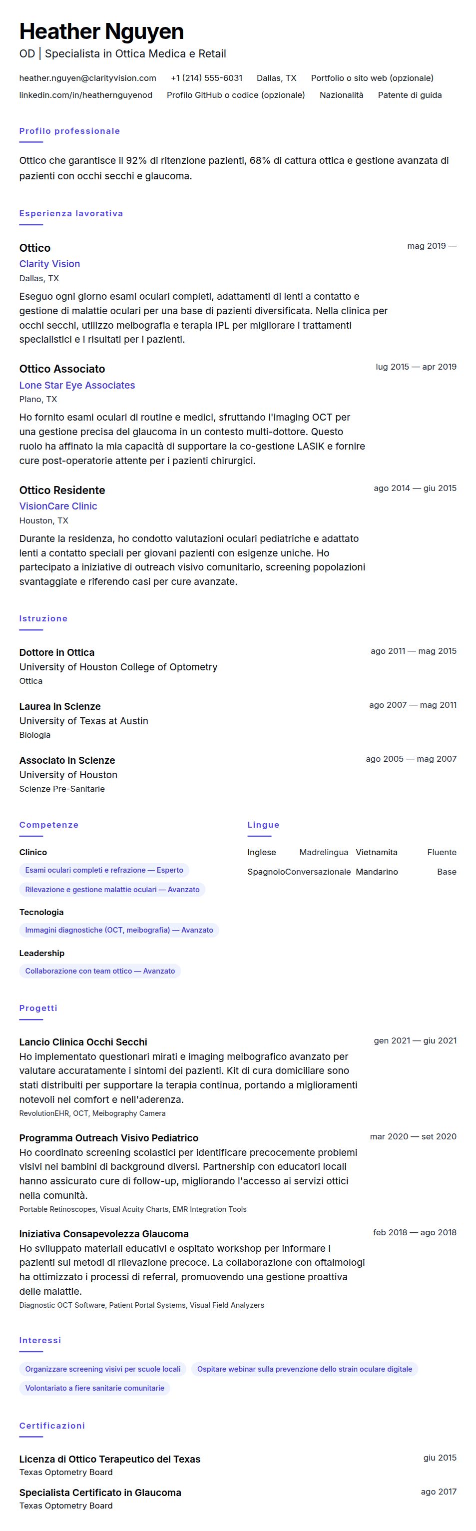 Anteprima del curriculum Esempio di Curriculum Ottico