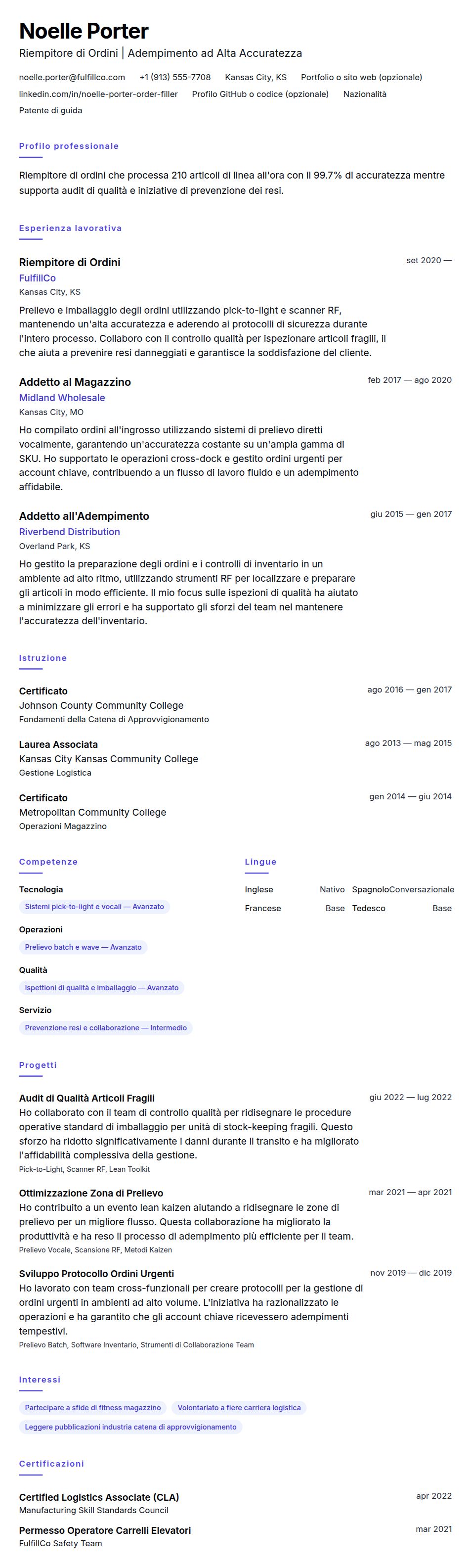 Anteprima del curriculum Esempio di Curriculum Riempitore di Ordini