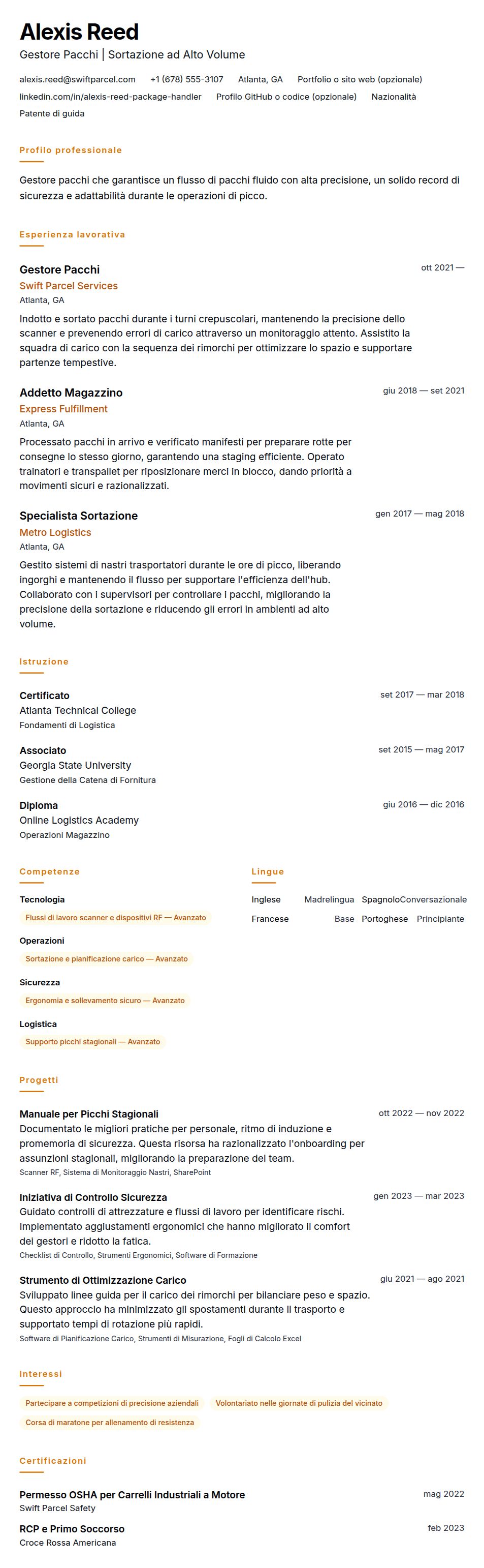 Anteprima del curriculum Esempio di Curriculum per Gestore Pacchi