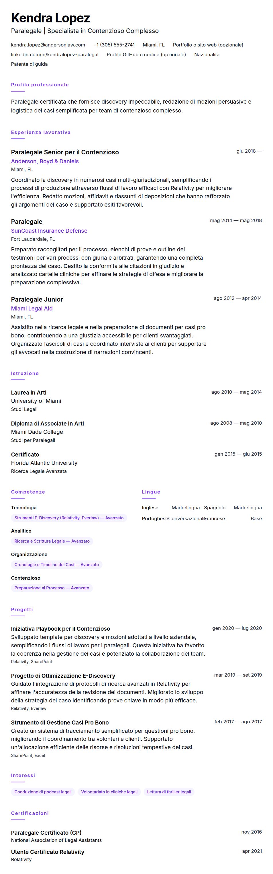 Anteprima del curriculum Esempio di Curriculum Vitae per Paralegale