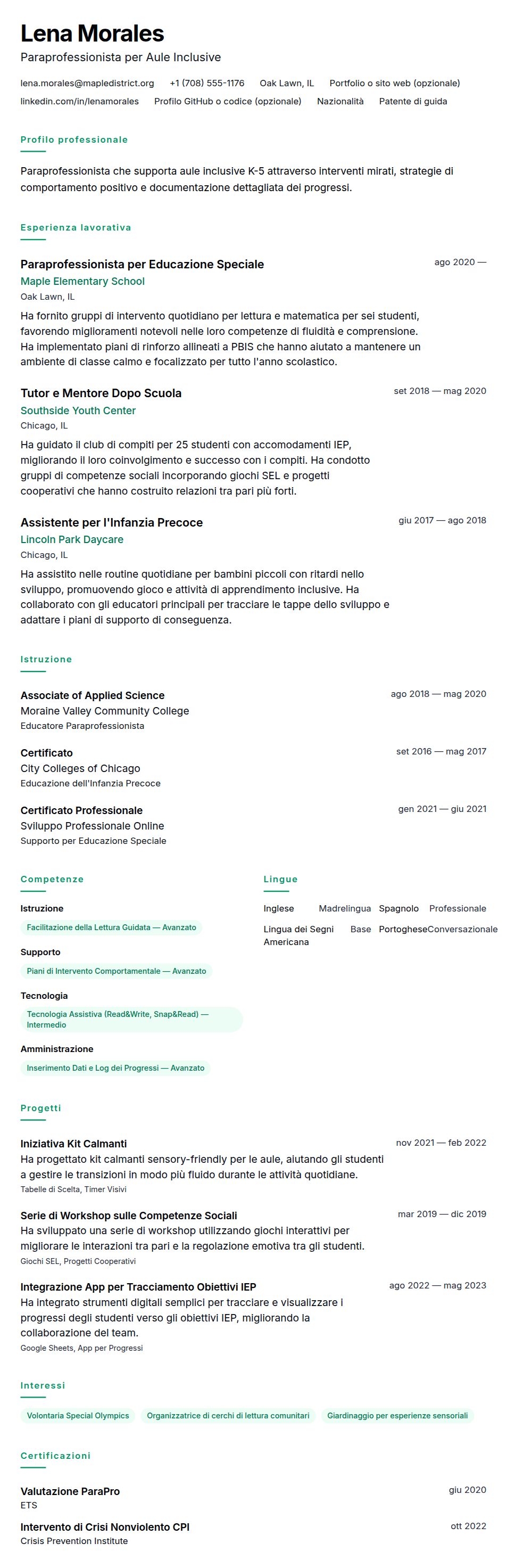 Anteprima del curriculum Esempio di Curriculum Vitae per Paraprofessionista