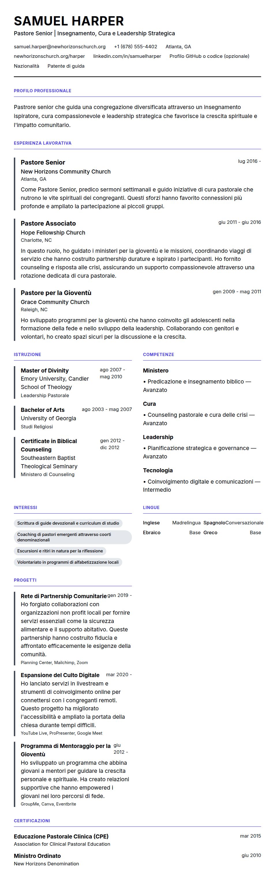 Anteprima del curriculum Esempio di Curriculum Vitae per Pastore