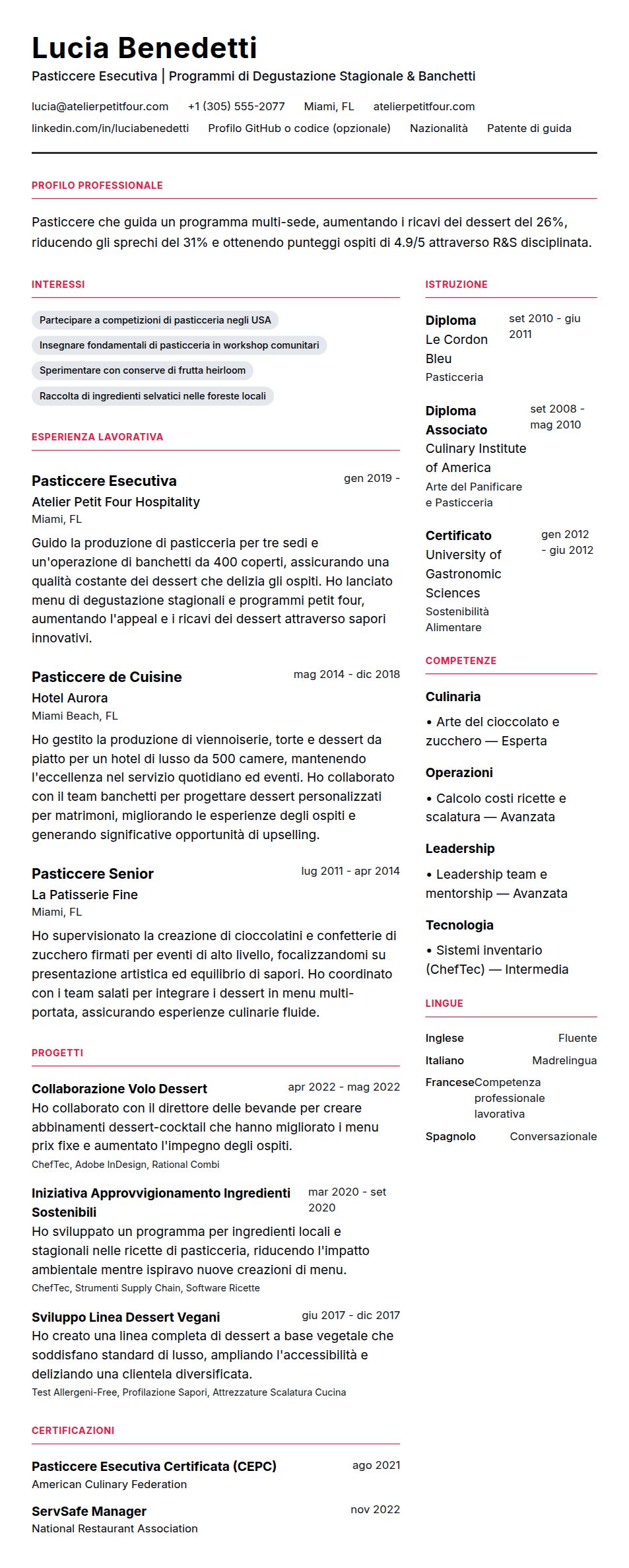 Anteprima del curriculum Esempio di Curriculum Pasticcere