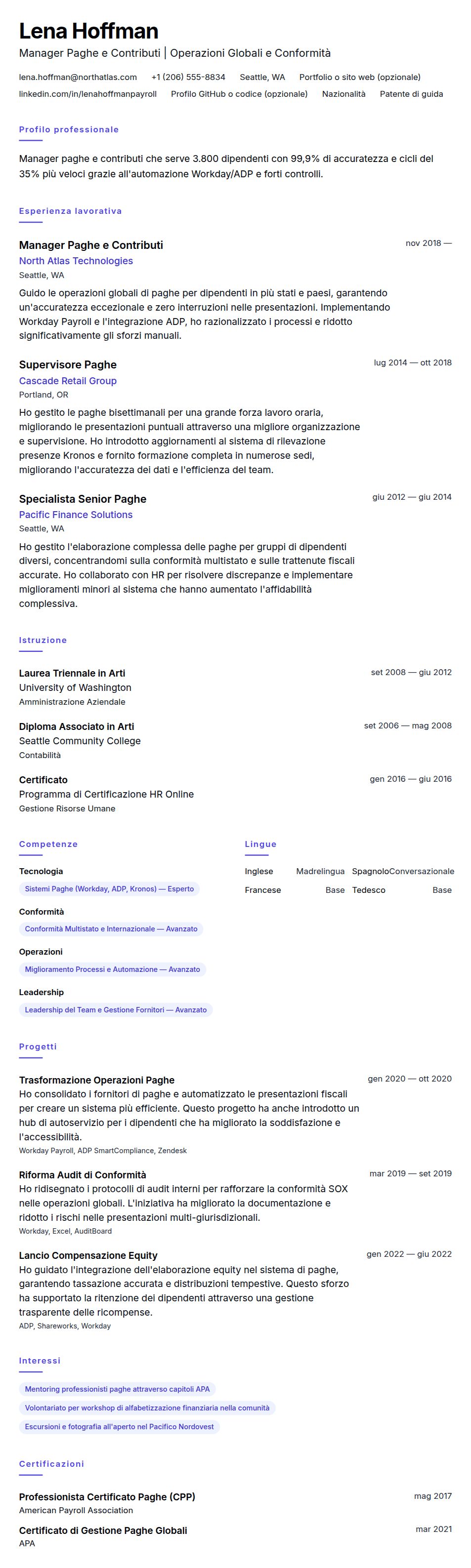 Esempio di Curriculum per Manager Paghe e Contributi