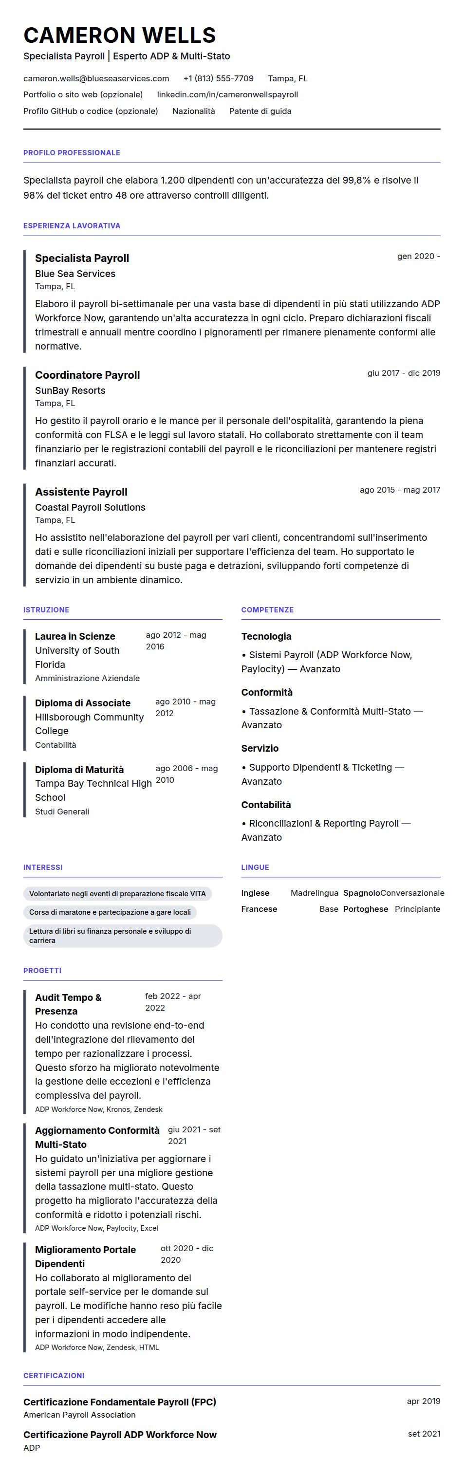 Anteprima del curriculum Esempio di Curriculum Specialista Payroll