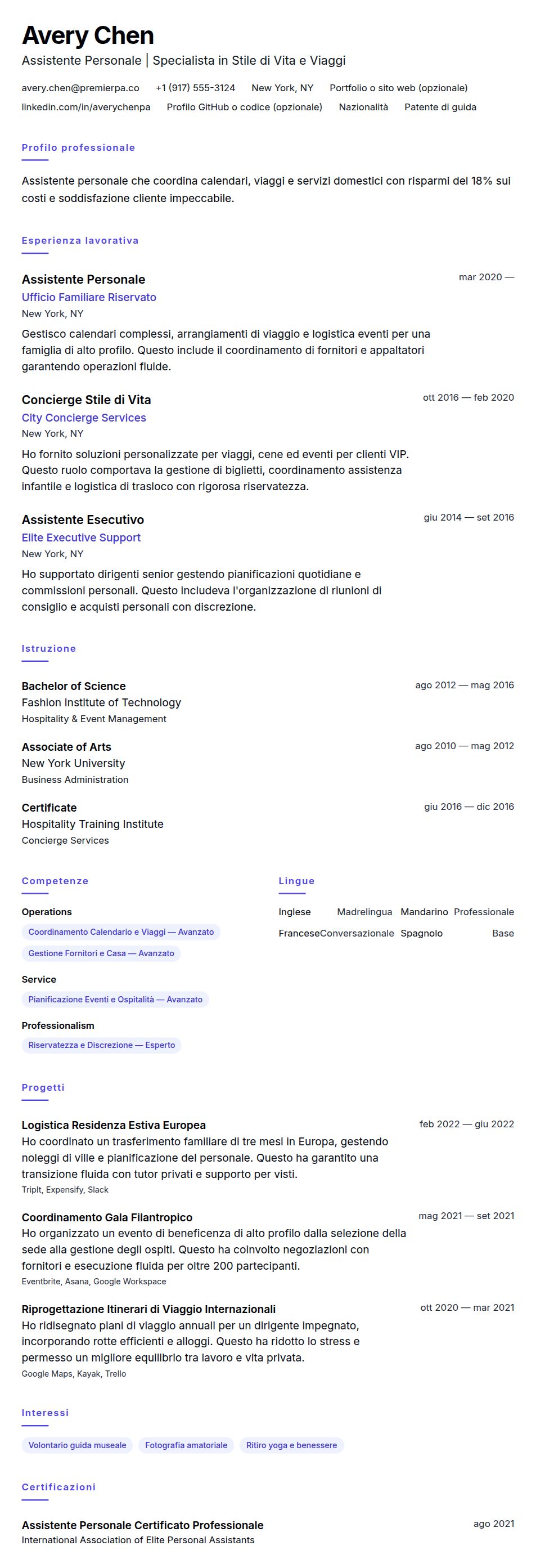 Esempio di Curriculum Assistente Personale