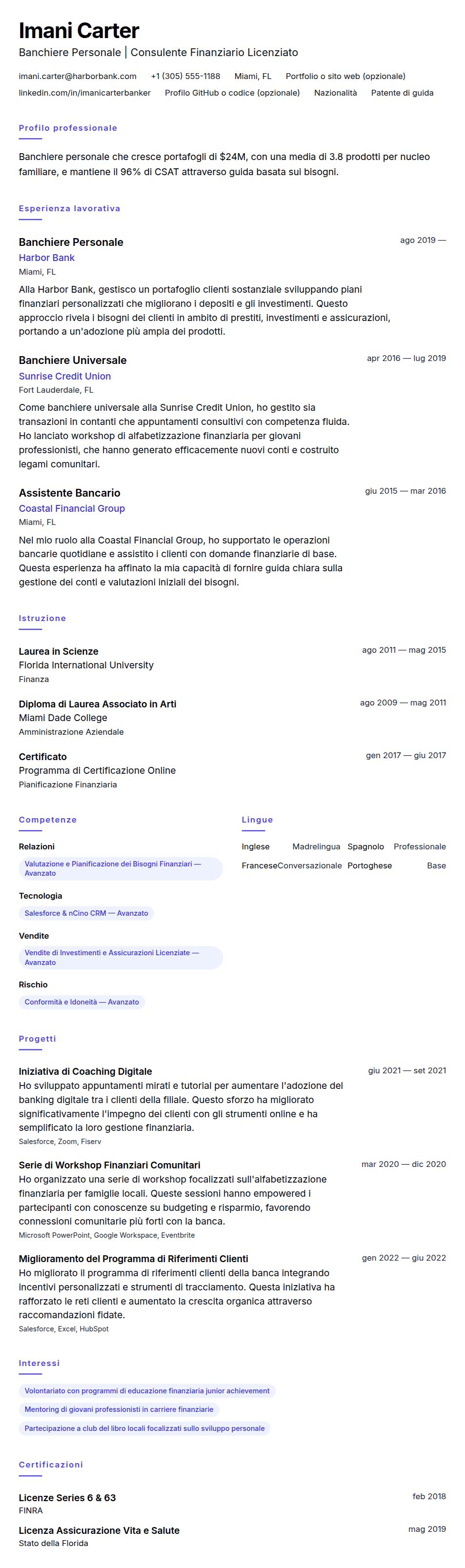 Anteprima del curriculum Esempio di Curriculum per Banchiere Personale