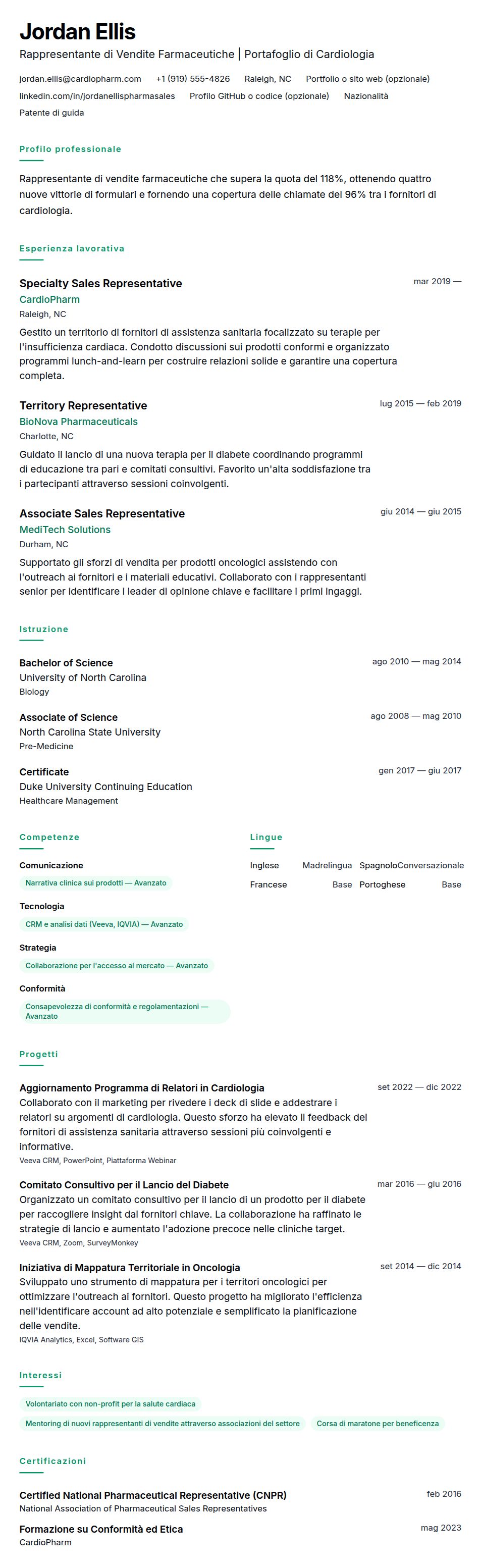 Anteprima del curriculum Esempio di Curriculum Rappresentante di Vendite Farmaceutiche