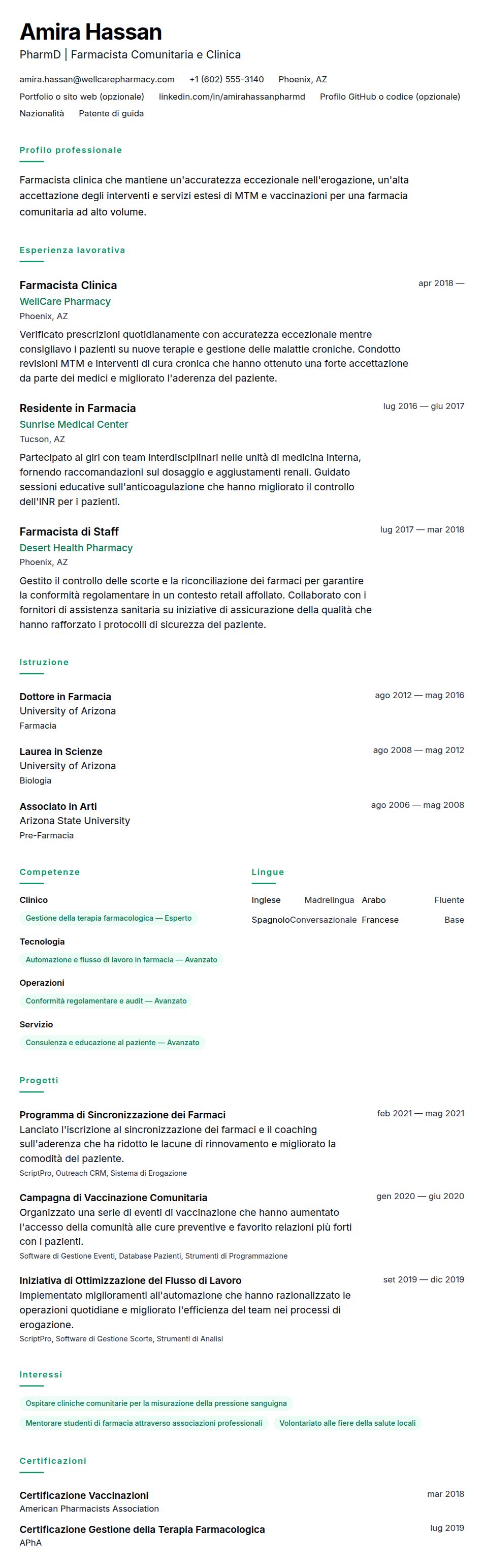 Anteprima del curriculum Esempio di Curriculum Vitae per Farmacista