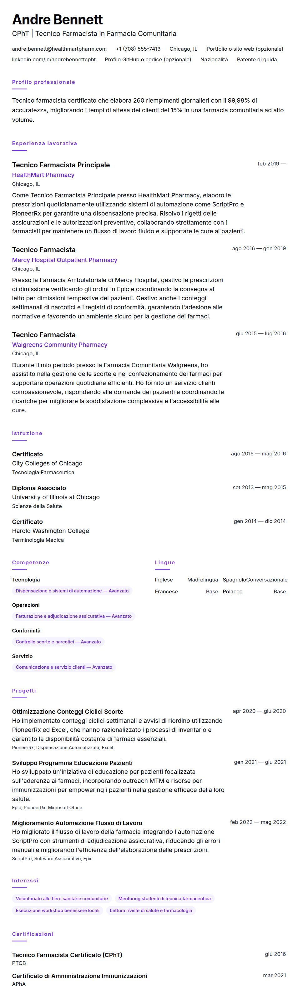 Anteprima del curriculum Esempio di Curriculum per Tecnico Farmacista