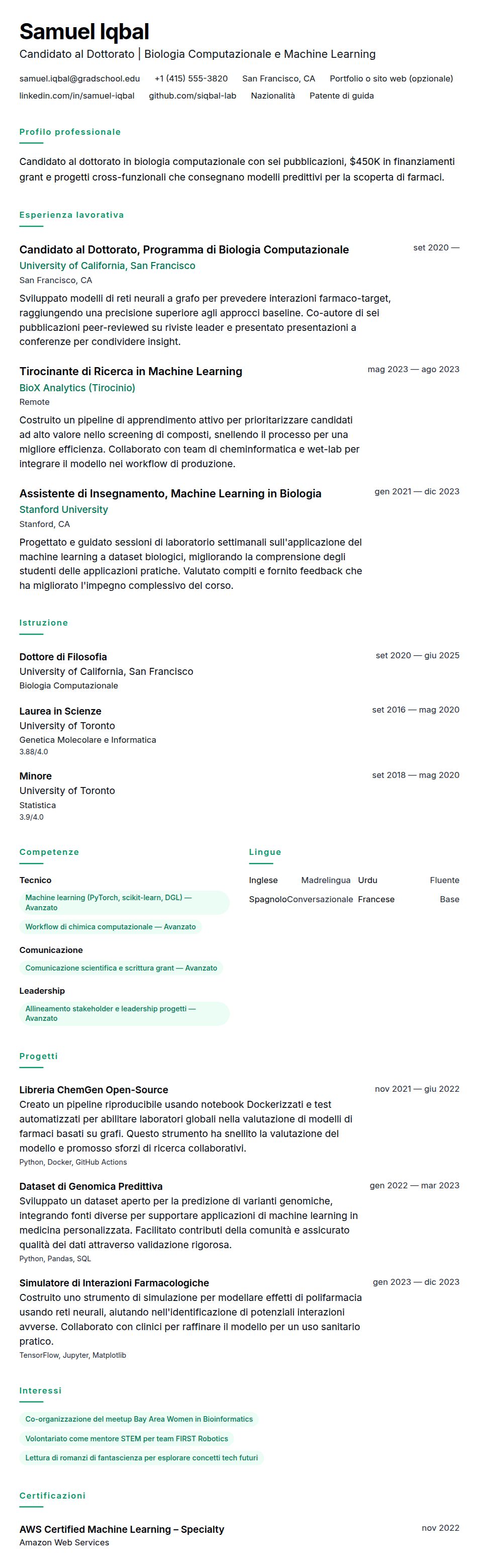 Esempio di Curriculum Vitae per Dottorato