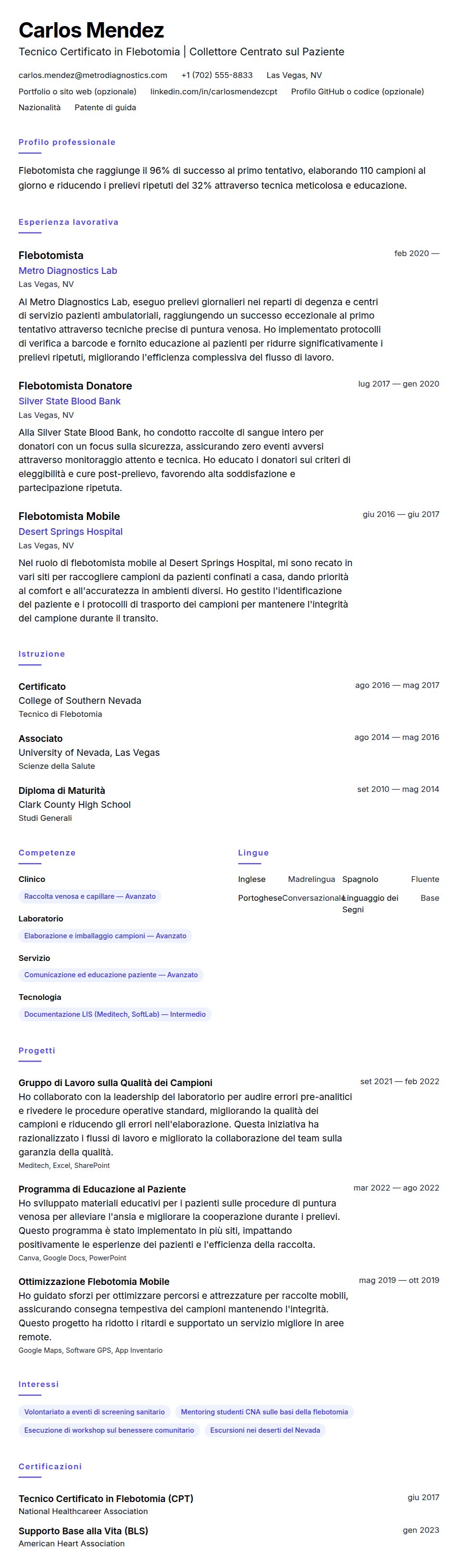 Anteprima del curriculum Esempio di Curriculum Vitae per Flebotomista