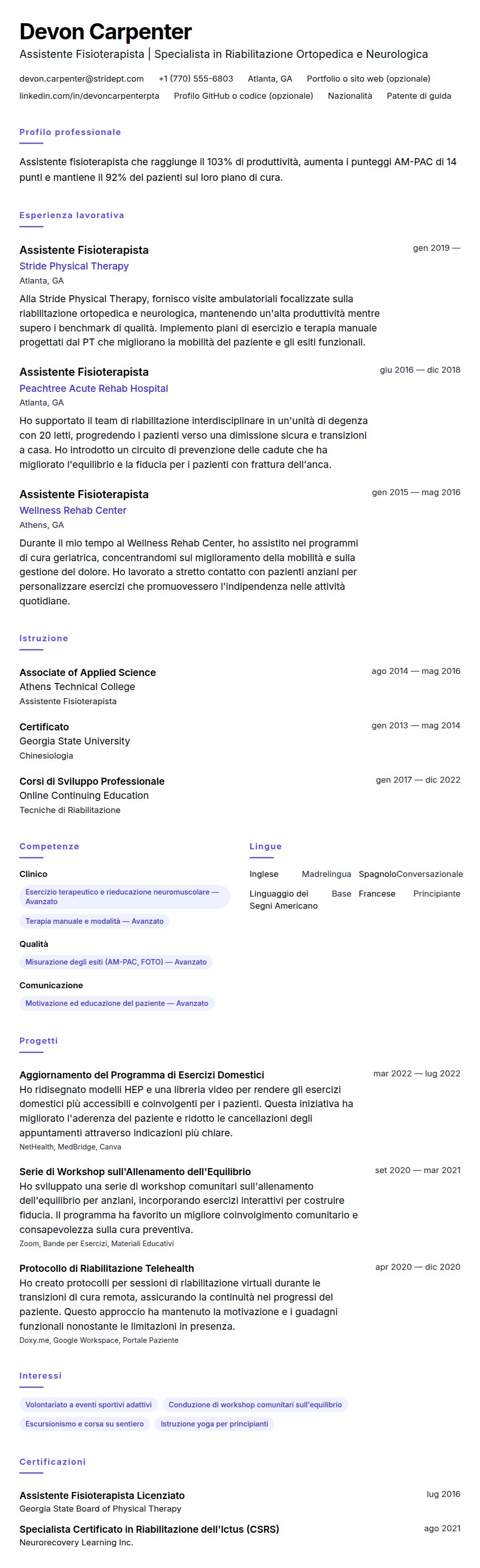 Anteprima del curriculum Esempio di Curriculum Assistente Fisioterapista (PTA)