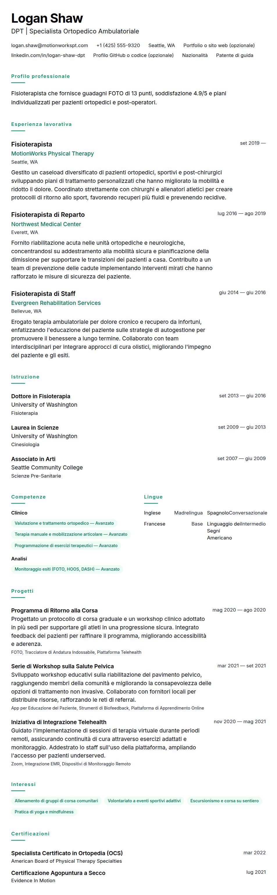 Anteprima del curriculum Esempio di Curriculum Fisioterapista