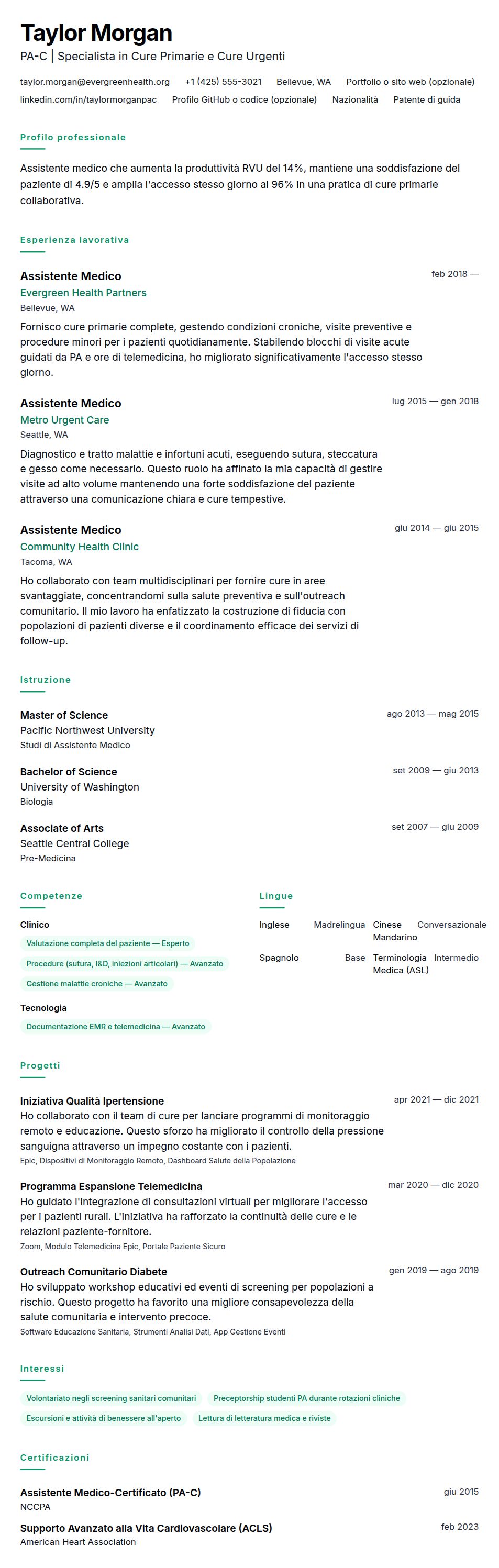 Anteprima del curriculum Esempio di Curriculum Assistente Medico