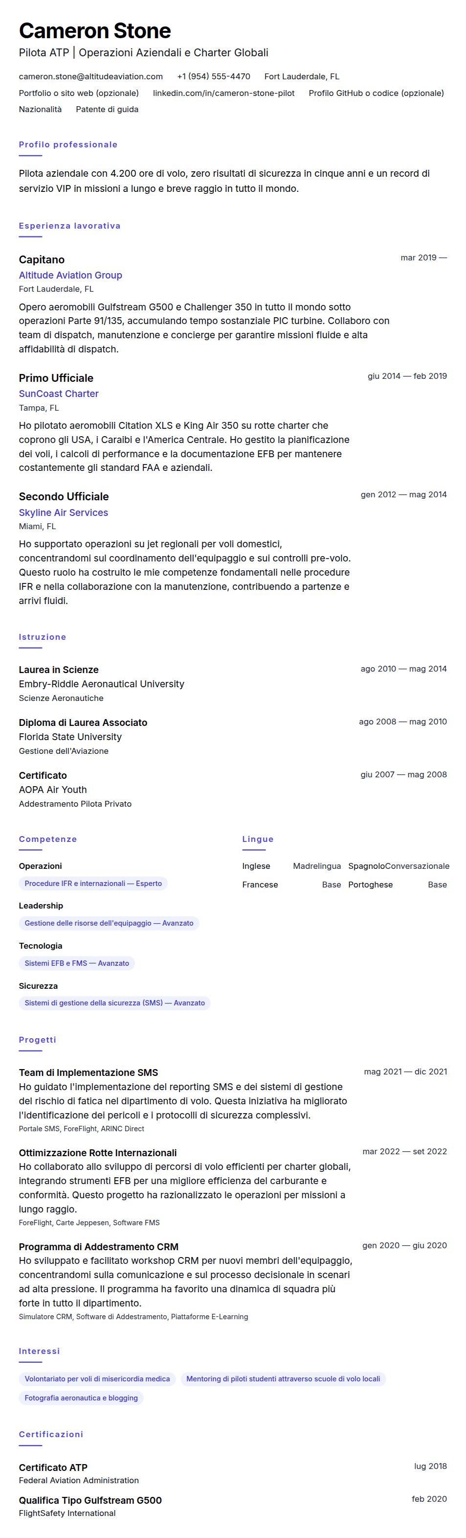 Esempio di Curriculum Pilota