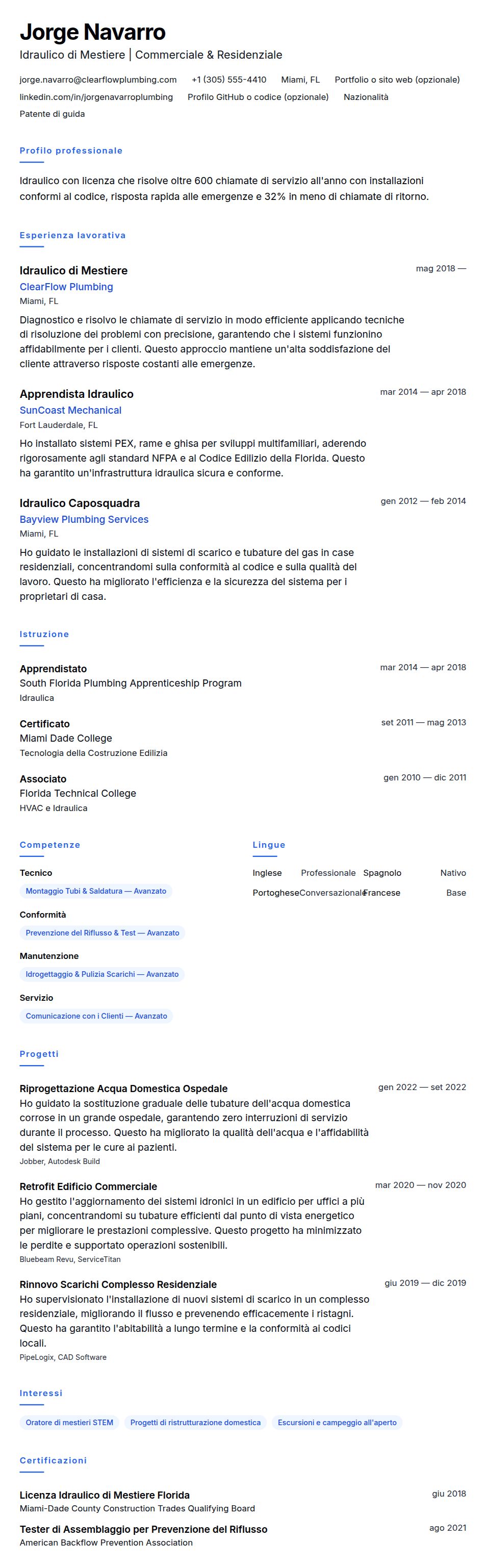 Esempio di Curriculum Idraulico