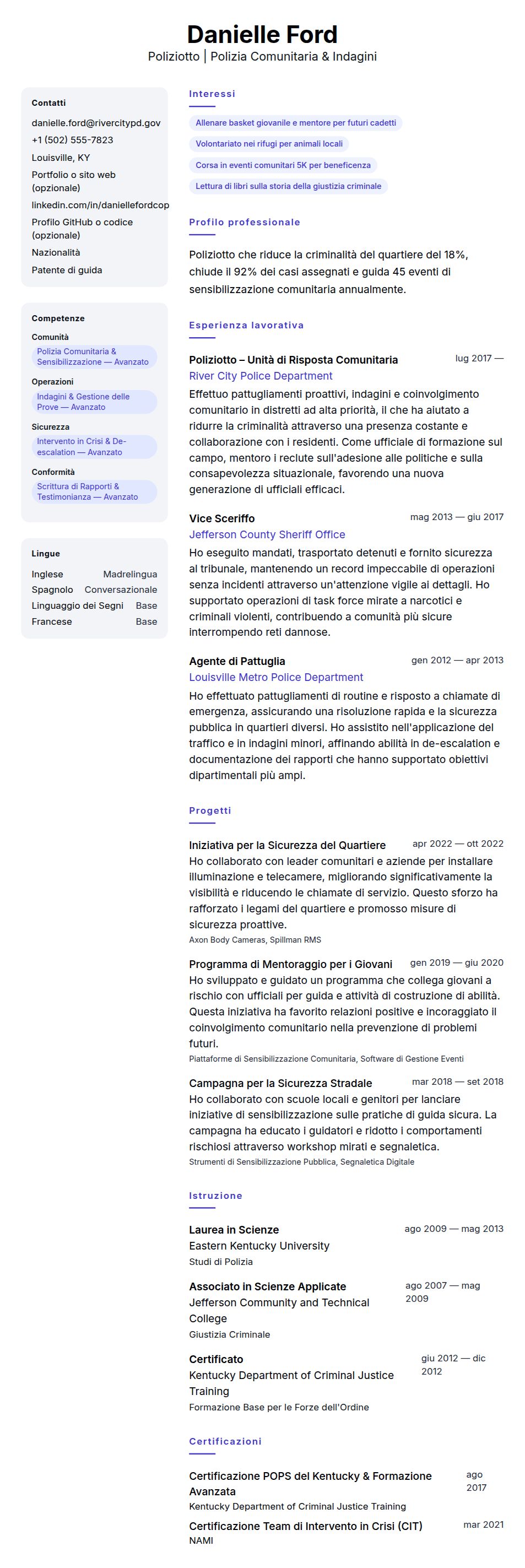 Anteprima del curriculum Esempio di Curriculum Poliziotto