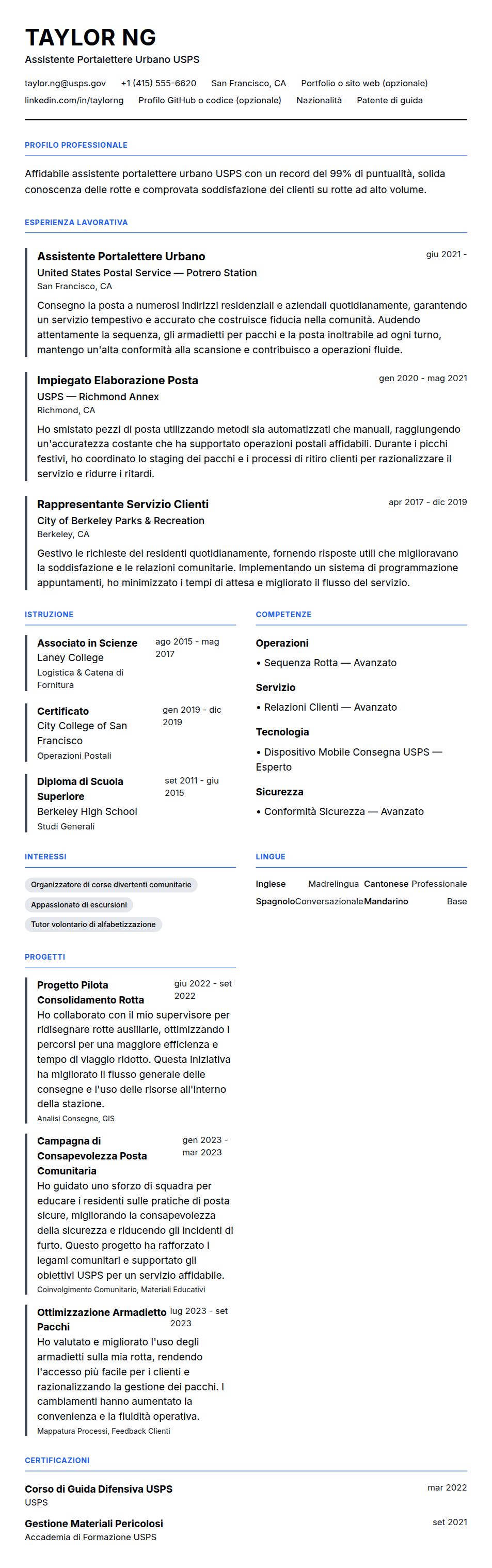 Esempio di Curriculum per Lavoratore del Servizio Postale