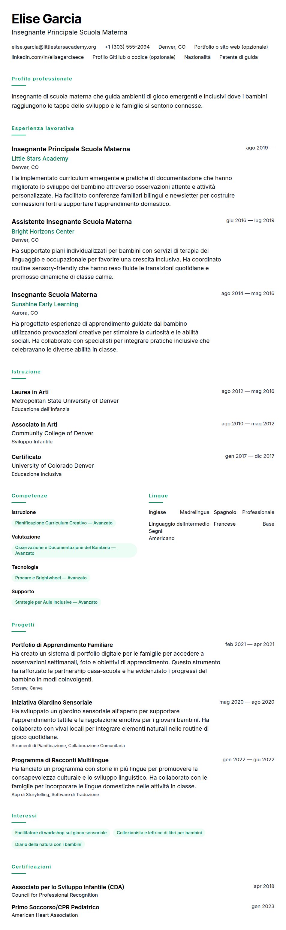 Anteprima del curriculum Esempio di Curriculum per Insegnante Scuola Materna