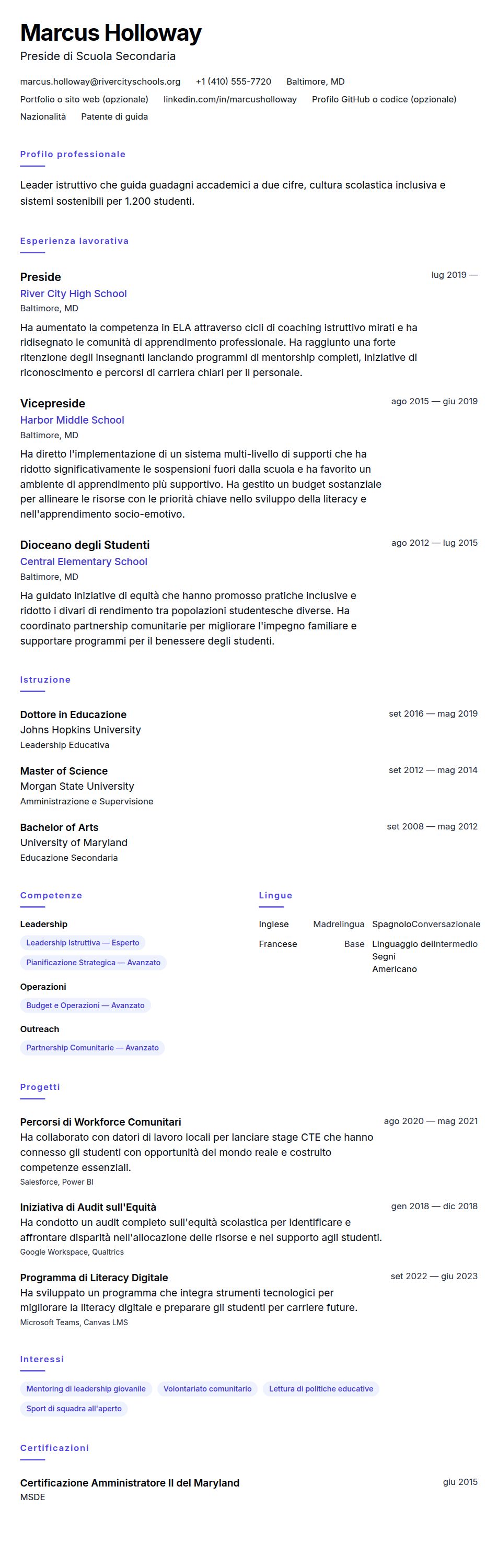Anteprima del curriculum Esempio di Curriculum per Preside