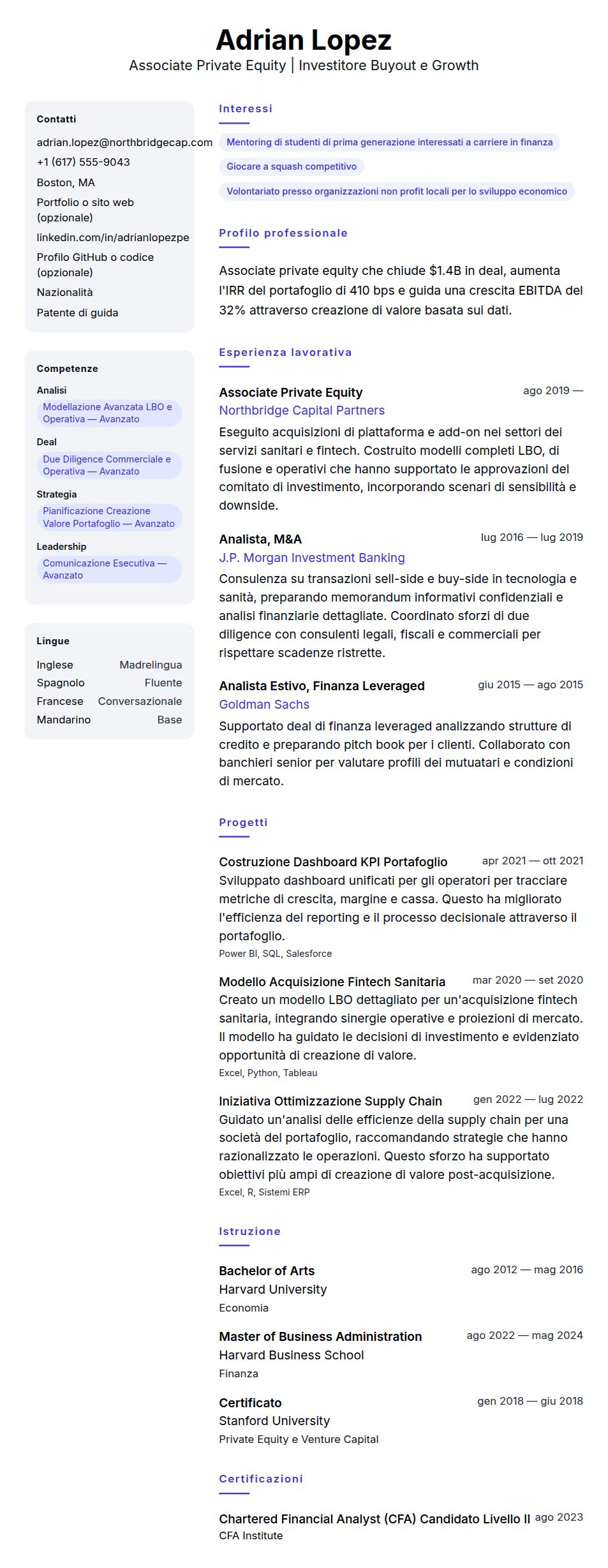 Anteprima del curriculum Esempio di Curriculum Associate Private Equity