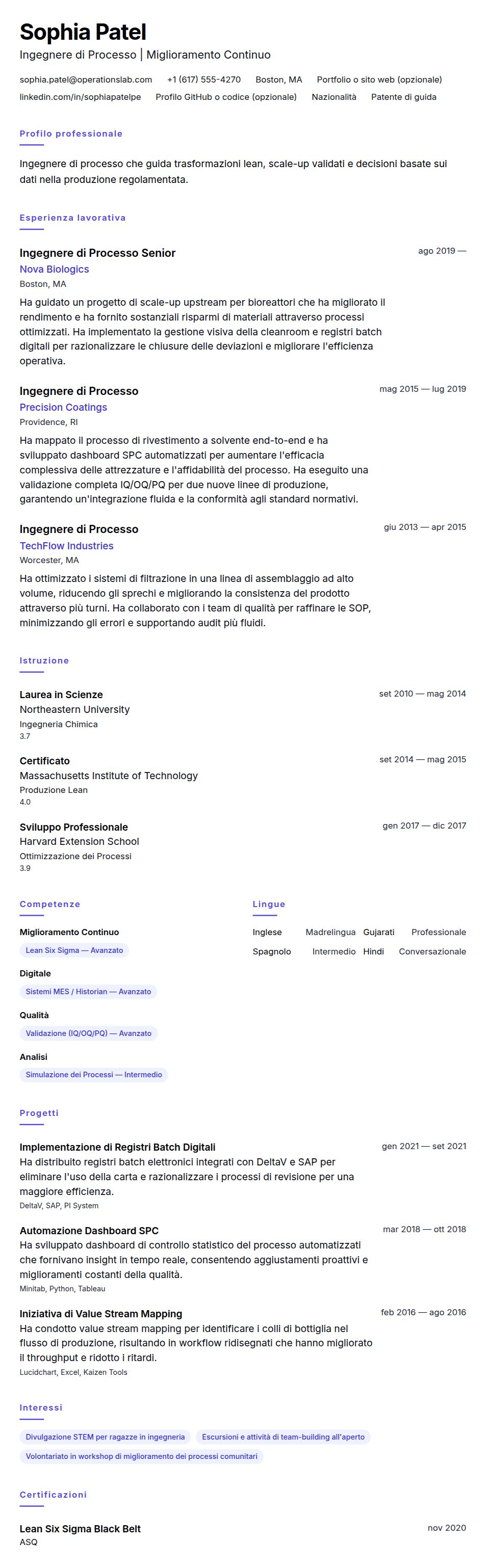 Anteprima del curriculum Esempio di Curriculum Ingegnere di Processo
