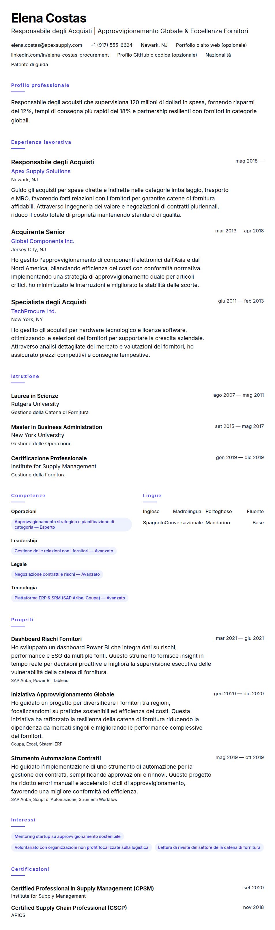 Esempio di Curriculum Responsabile degli Acquisti