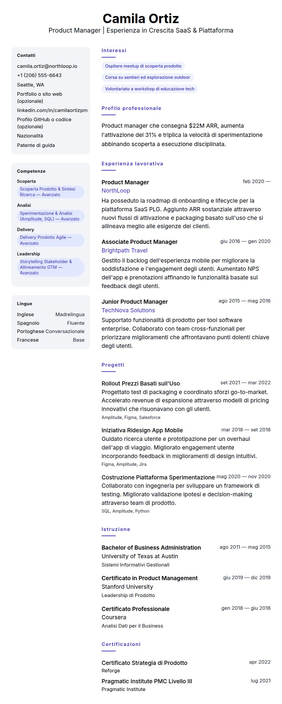 Anteprima del curriculum Esempio di Curriculum Vitae per Product Manager