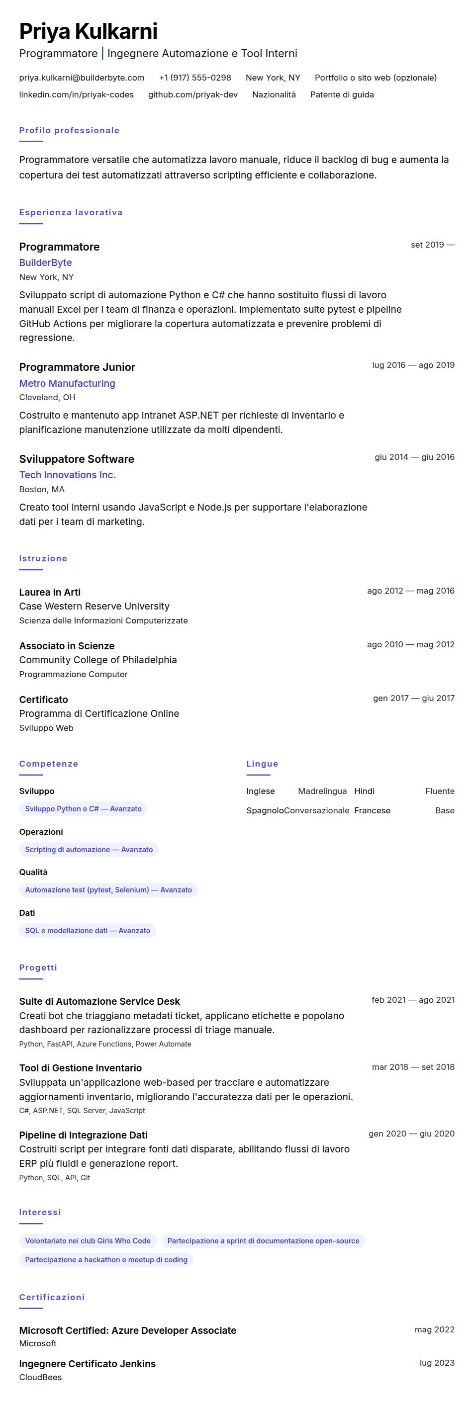 Anteprima del curriculum Esempio di Curriculum Programmatore