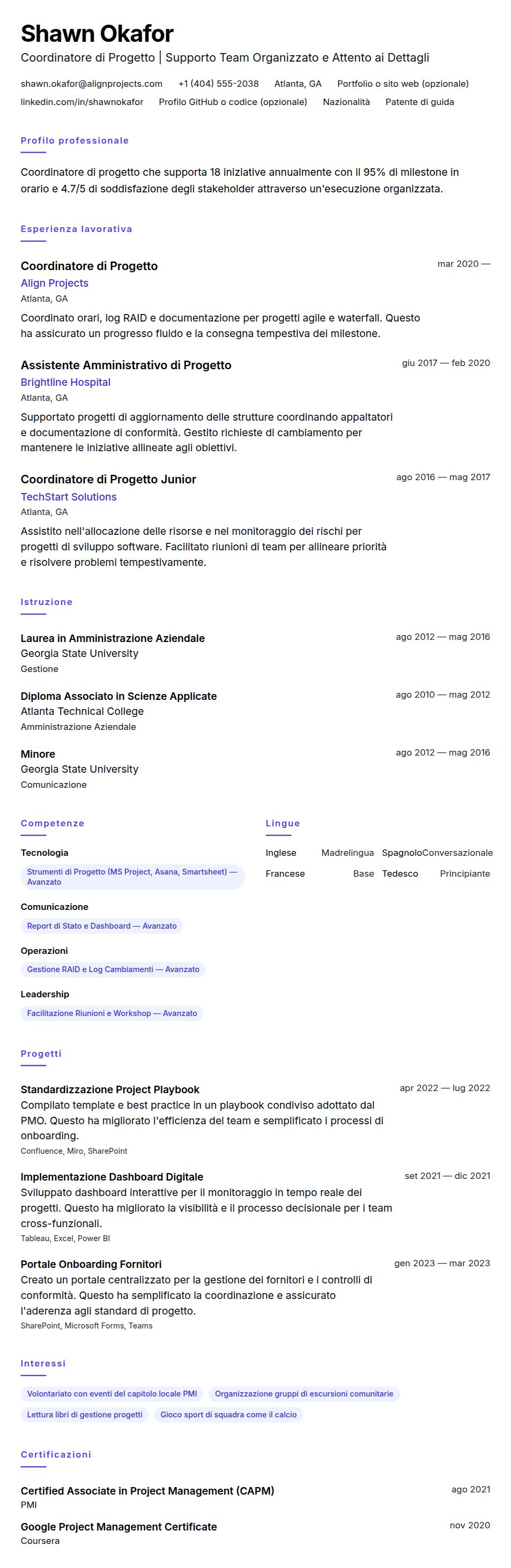 Anteprima del curriculum Esempio di Curriculum Vitae per Coordinatore di Progetto