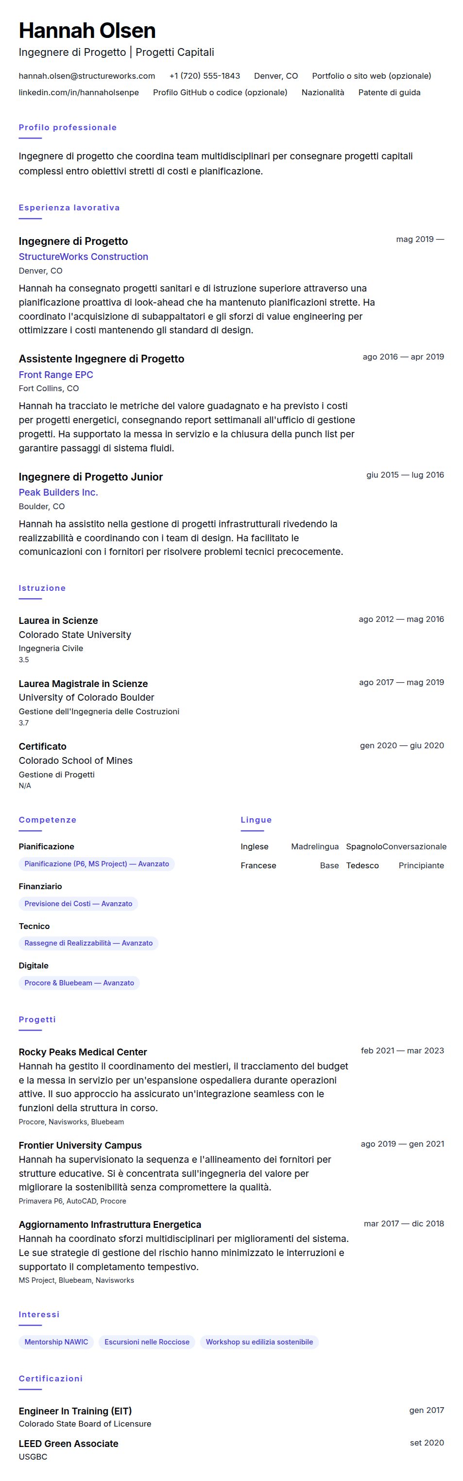 Anteprima del curriculum Esempio di Curriculum Vitae per Ingegnere di Progetto