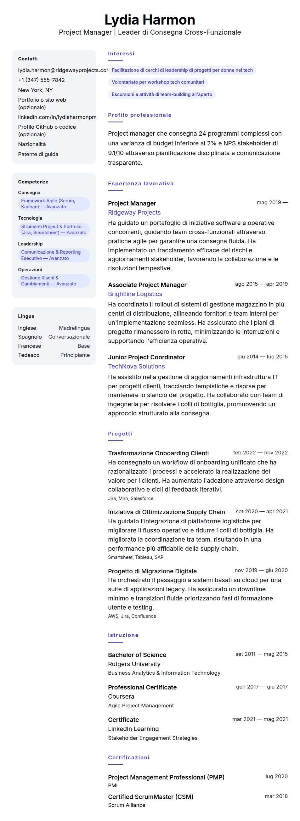 Anteprima del curriculum Esempio di Curriculum Project Manager