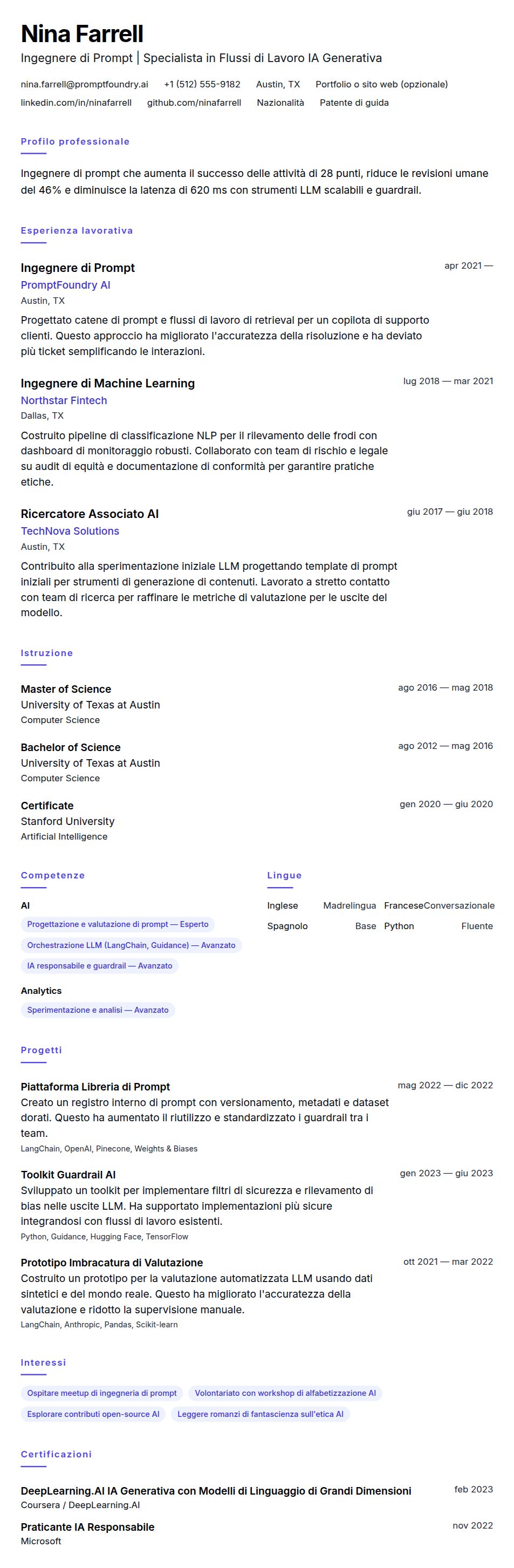 Esempio di Curriculum Ingegnere di Prompt