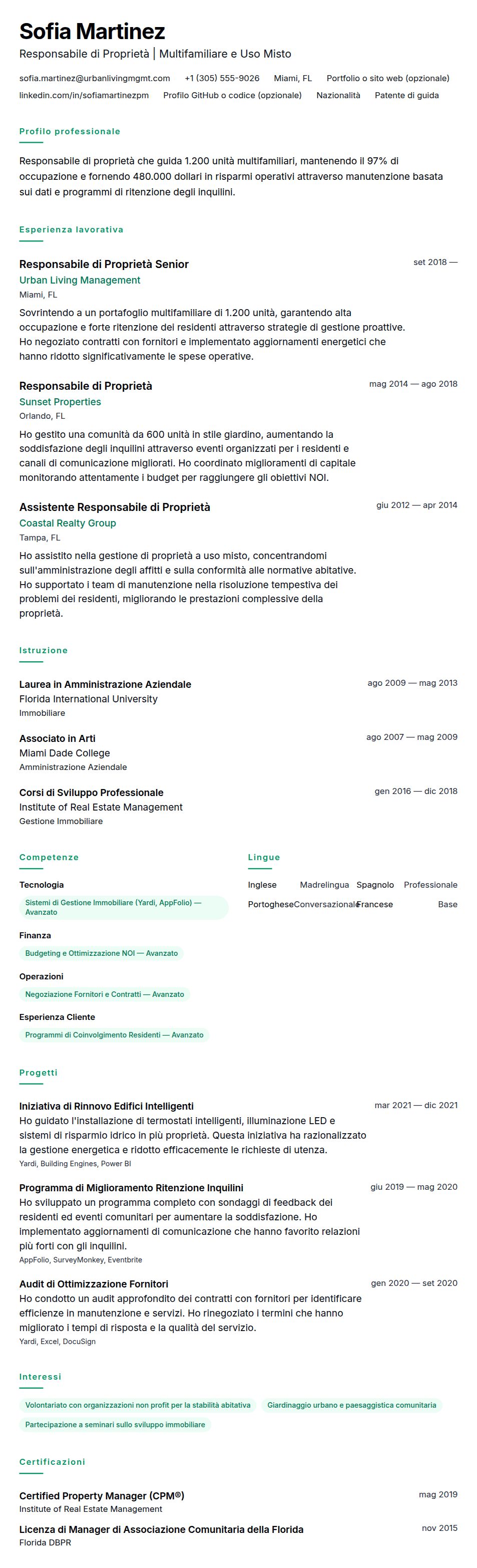 Anteprima del curriculum Esempio di Curriculum Vitae per Responsabile di Proprietà