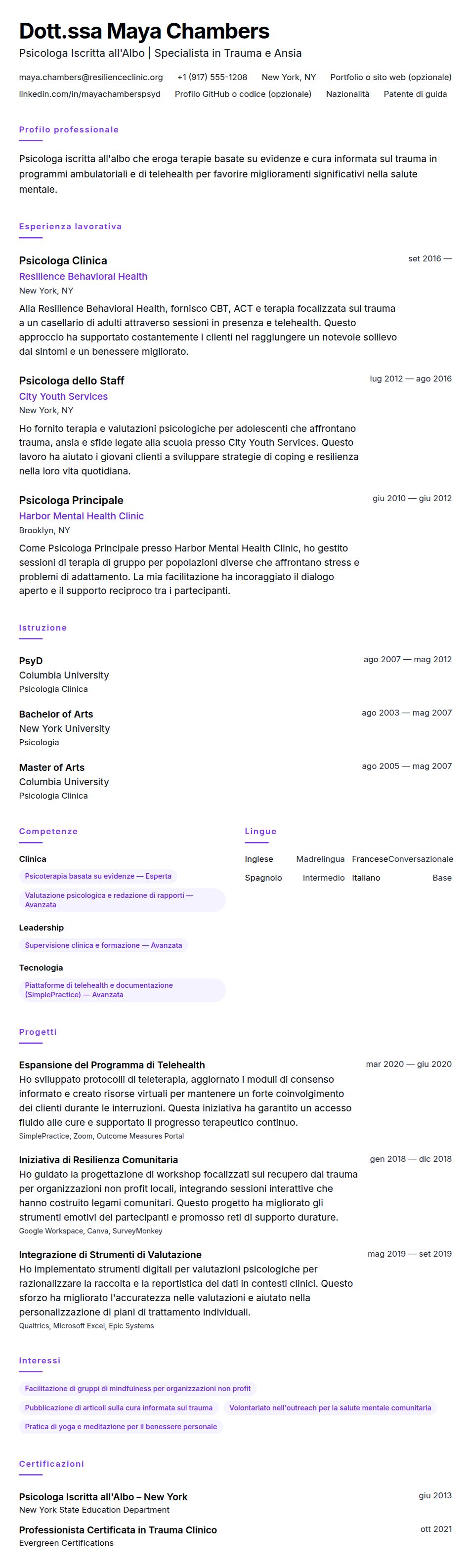 Anteprima del curriculum Esempio di Curriculum Psicologo