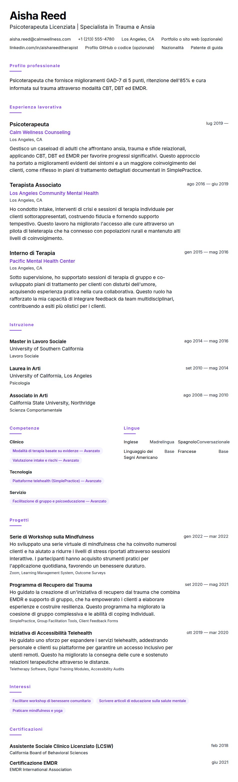 Anteprima del curriculum Esempio di Curriculum Psicoterapeuta