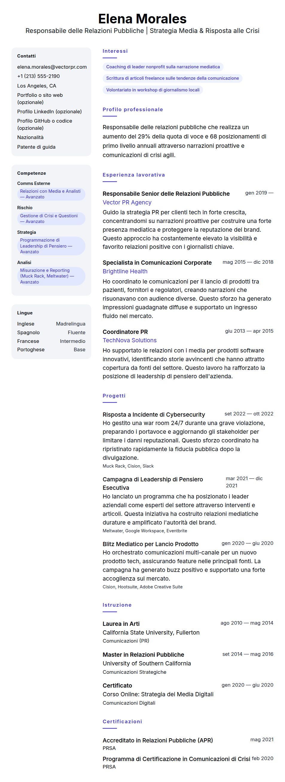 Esempio di Curriculum Vitae per Responsabile delle Relazioni Pubbliche