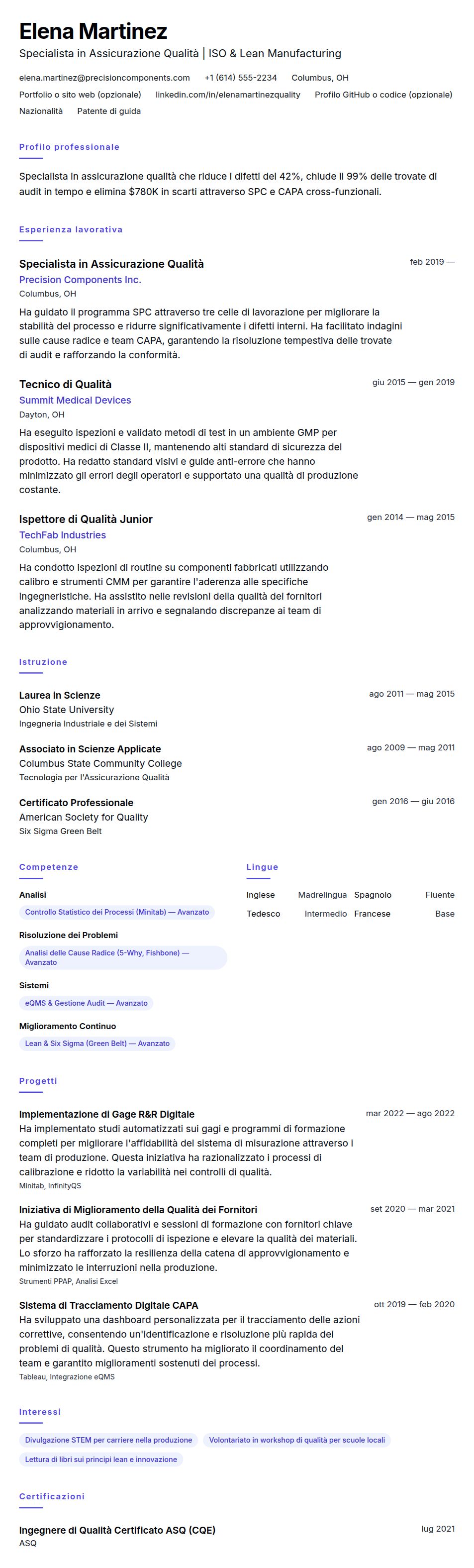 Anteprima del curriculum Esempio di Curriculum per Specialista in Assicurazione Qualità