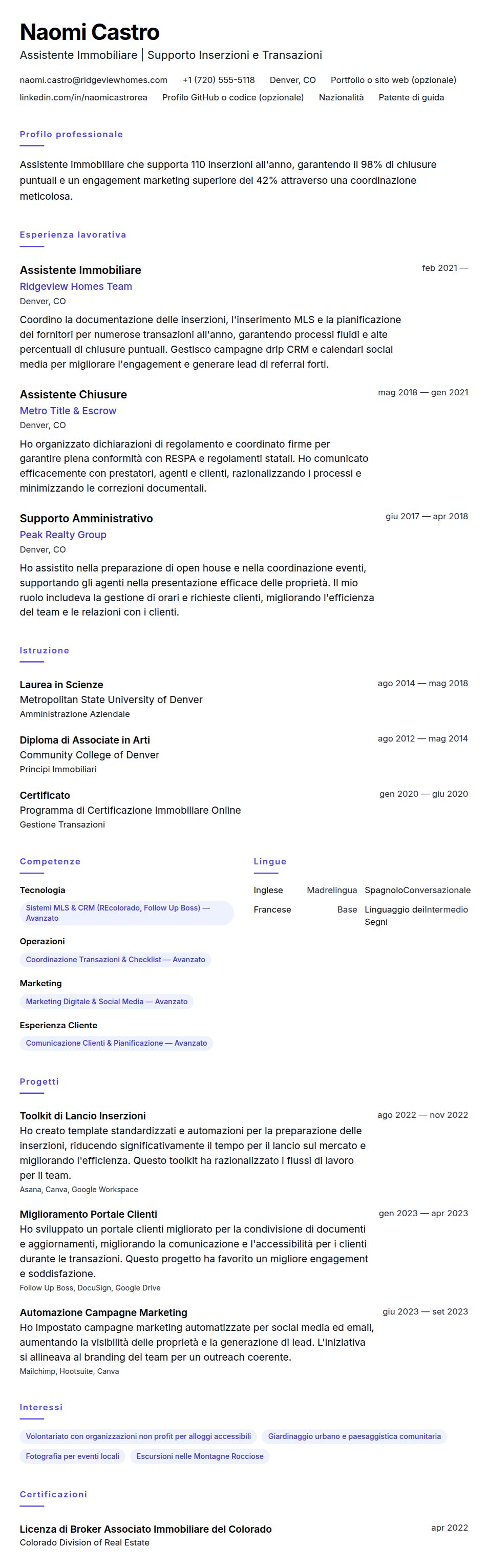 Anteprima del curriculum Esempio di Curriculum per Assistente Immobiliare