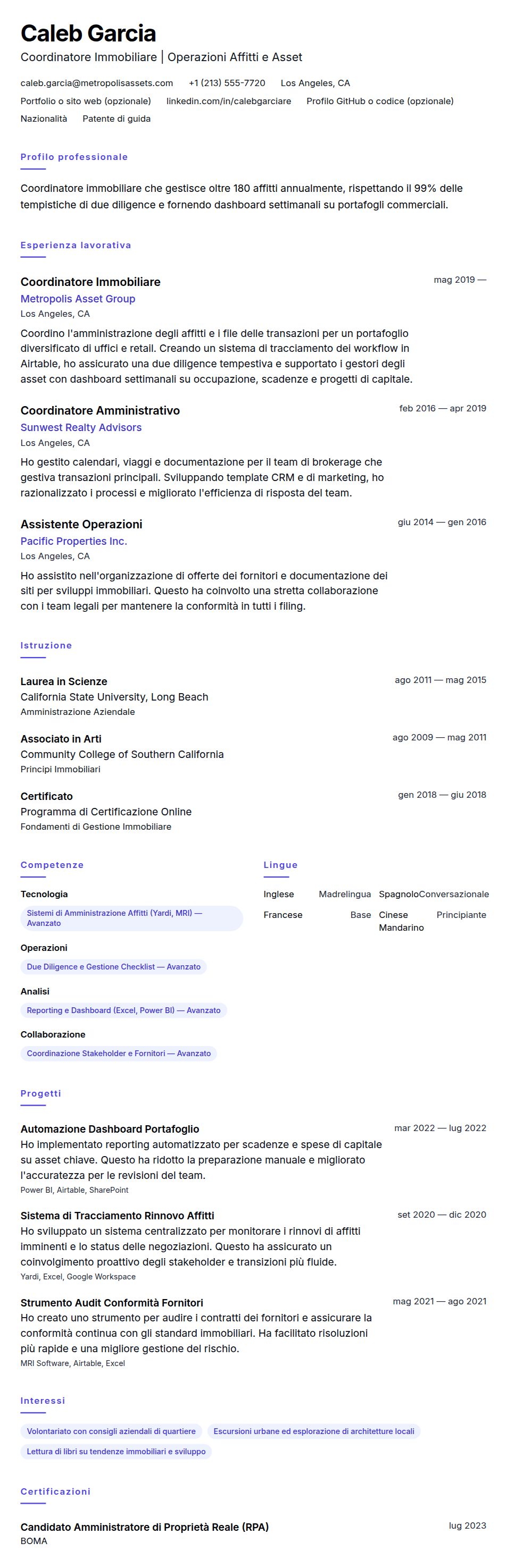 Anteprima del curriculum Esempio di Curriculum Coordinatore Immobiliare