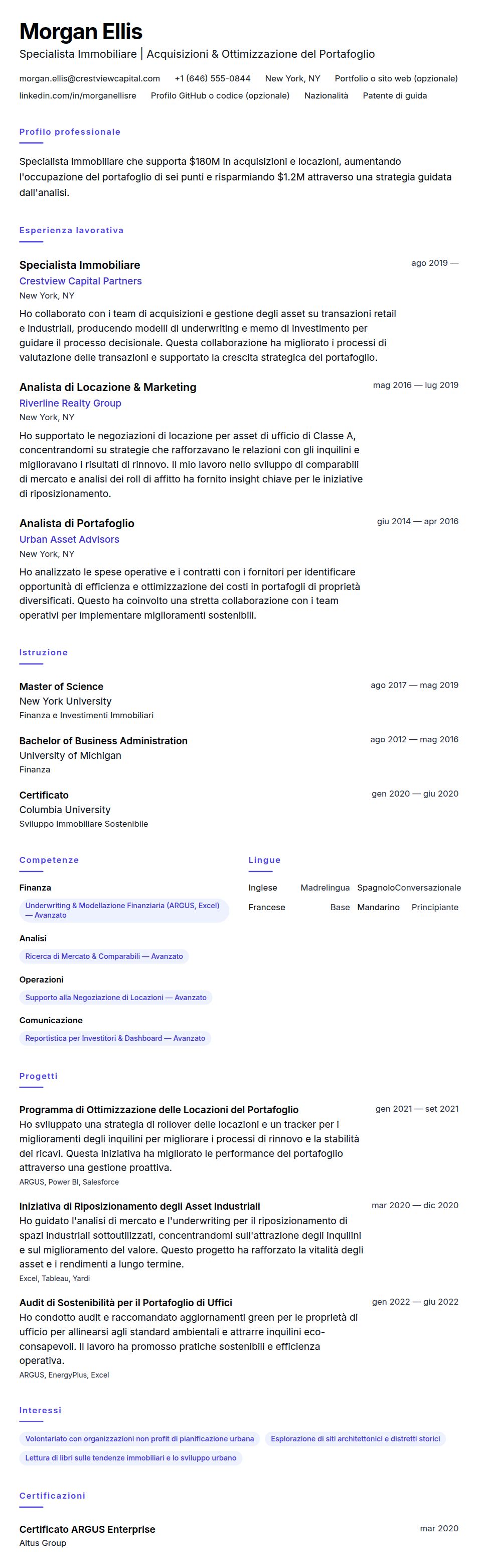 Anteprima del curriculum Esempio di Curriculum Vitae per Specialista Immobiliare