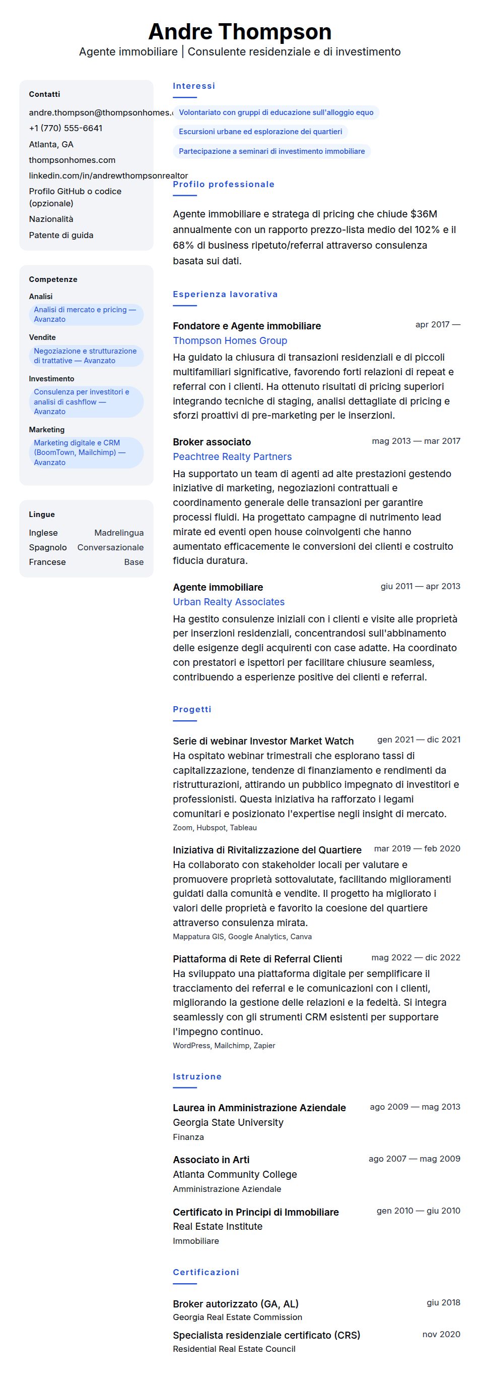 Anteprima del curriculum Esempio di Curriculum Agente Immobiliare